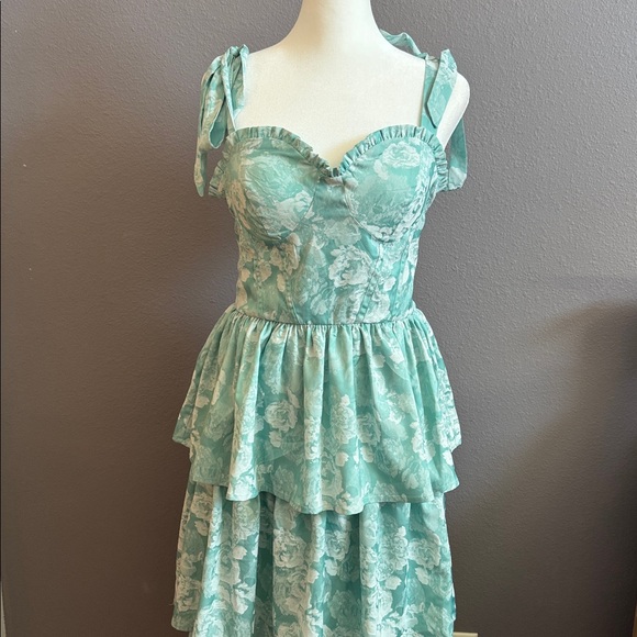 Lulus Dresses & Skirts - Lulus | Lovely Bliss Aqua Floral Jacquard Strapless Bustier Midi Dress Blue